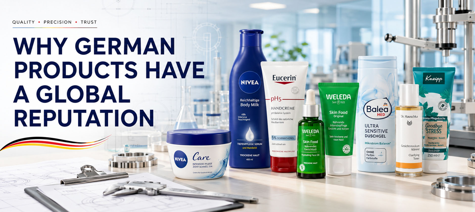 Branded German beauty and skincare products in a modern quality-control laboratory, representing the global reputation of German products.