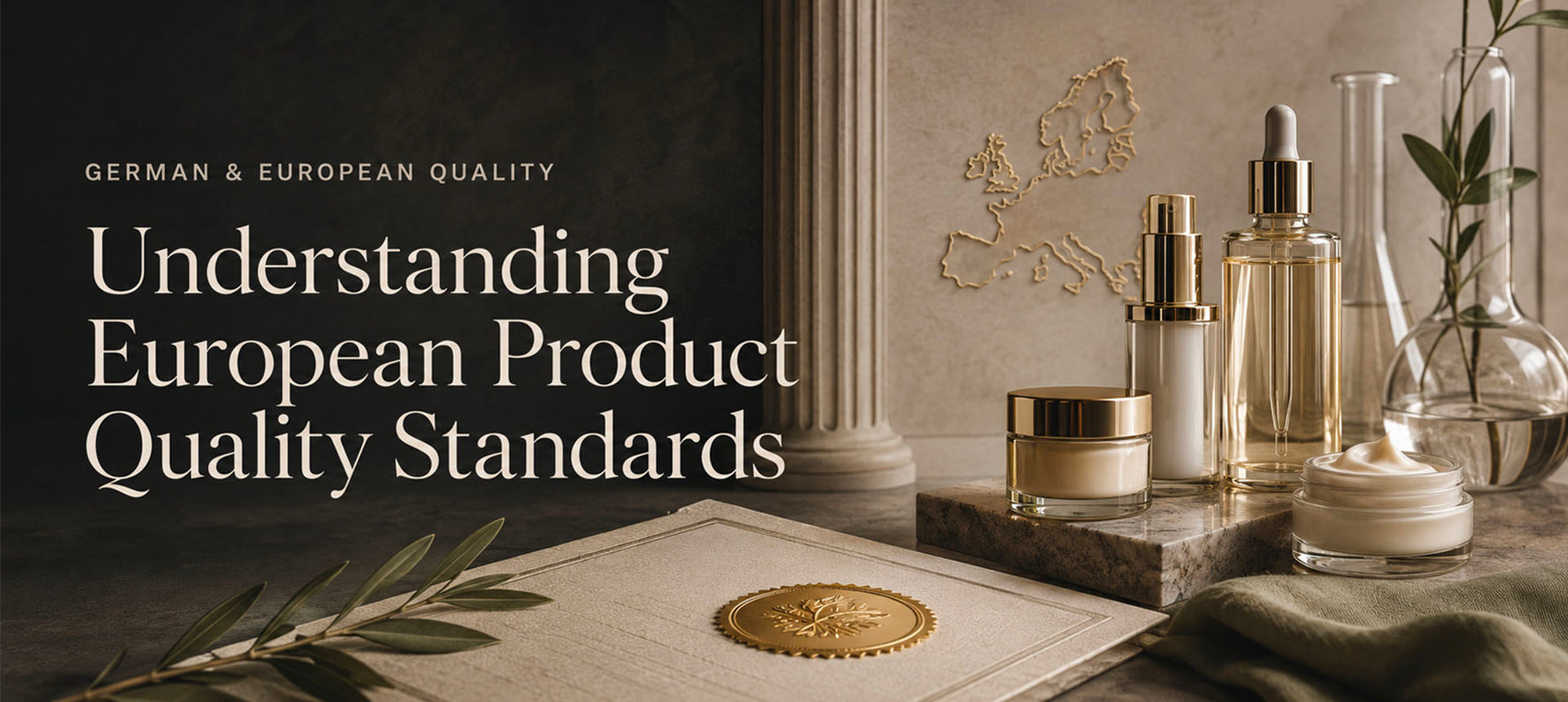 Luxury editorial poster illustrating European product quality standards with premium beauty products, compliance documents, quality seals, and subtle European design elements.