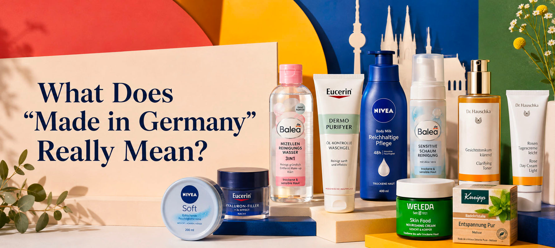 Colorful beauty editorial featuring branded German skincare and personal care products, illustrating what Made in Germany really means.
