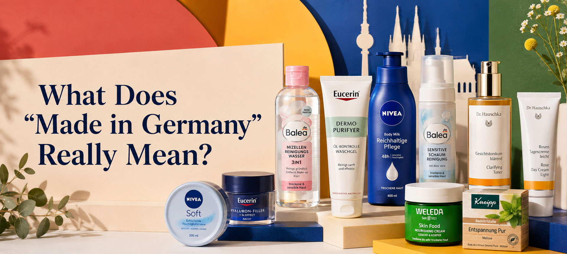 Colorful beauty editorial featuring branded German skincare and personal care products, illustrating what Made in Germany really means.