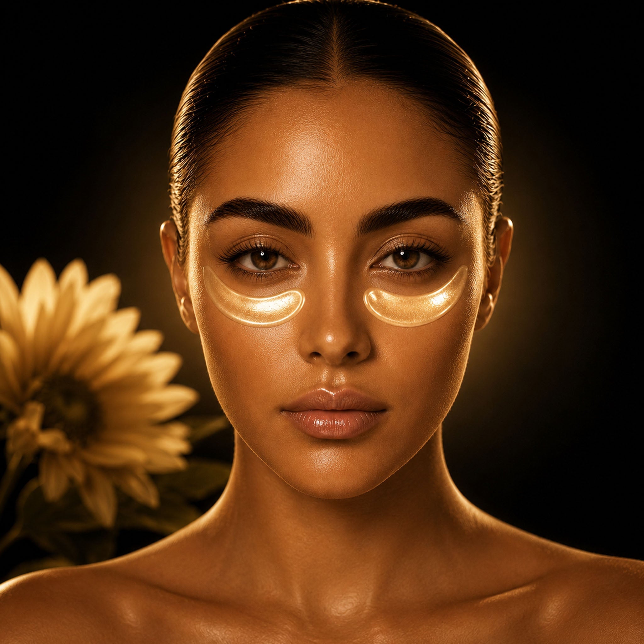 Luxury eye care portrait featuring a woman wearing golden under-eye patches against an elegant black and gold floral background. Luxplus