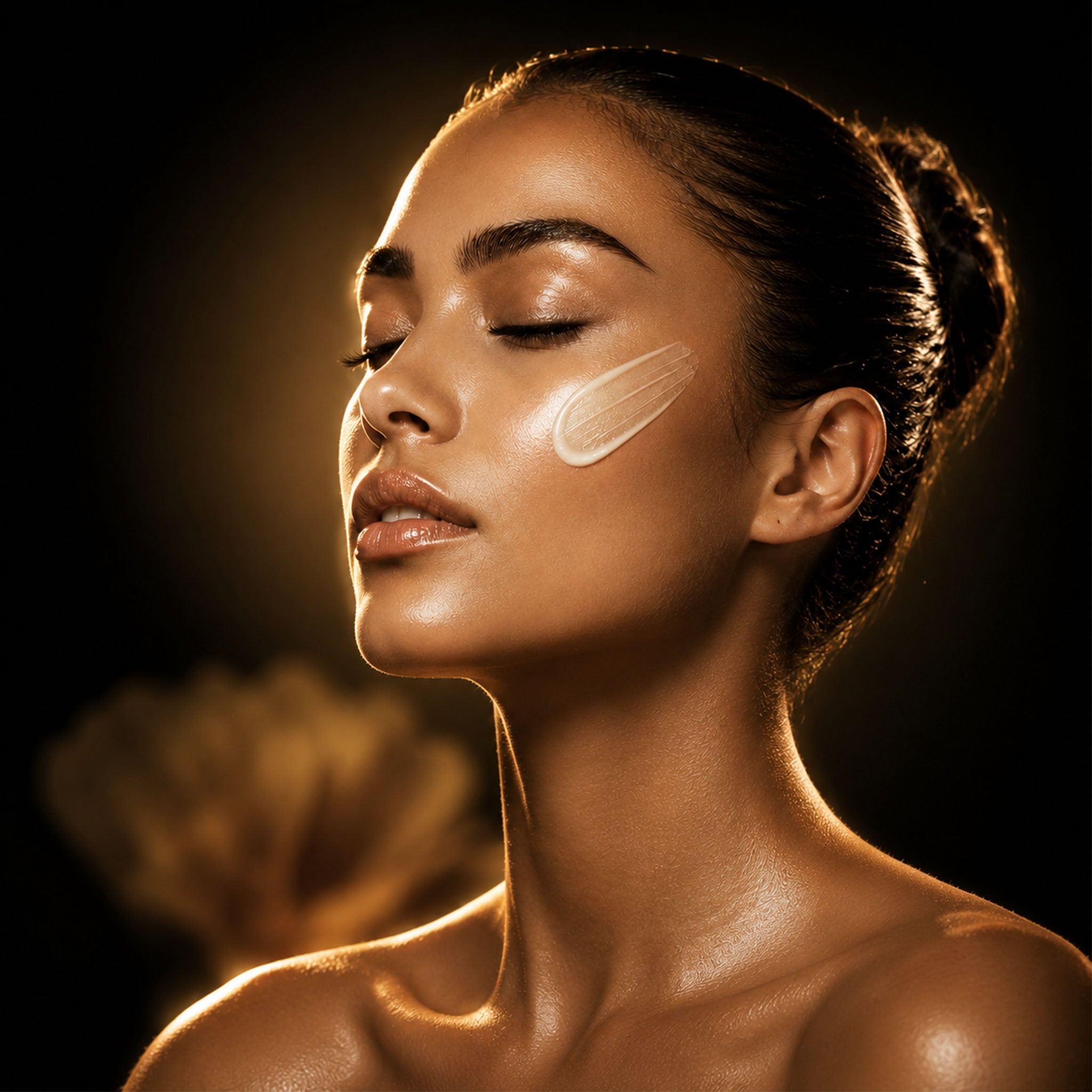     Luxury face care portrait of a woman with moisturizing cream applied to her cheek against an elegant black and gold background.Luxplus 