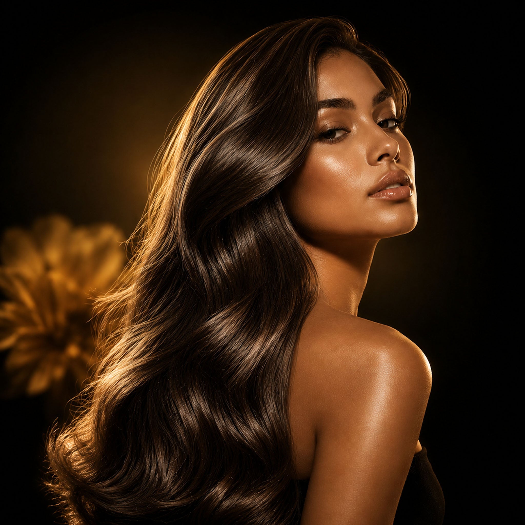 Luxury hair care portrait featuring a woman with long, glossy, healthy-looking dark hair against an elegant black and gold floral background. Luxplus 