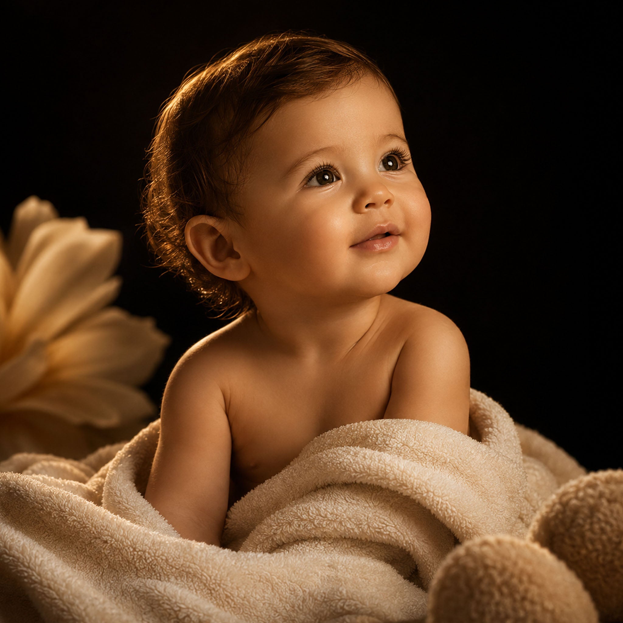     Luxury baby care portrait featuring a smiling baby wrapped in a soft beige towel against an elegant black and gold floral background.Luxplus 