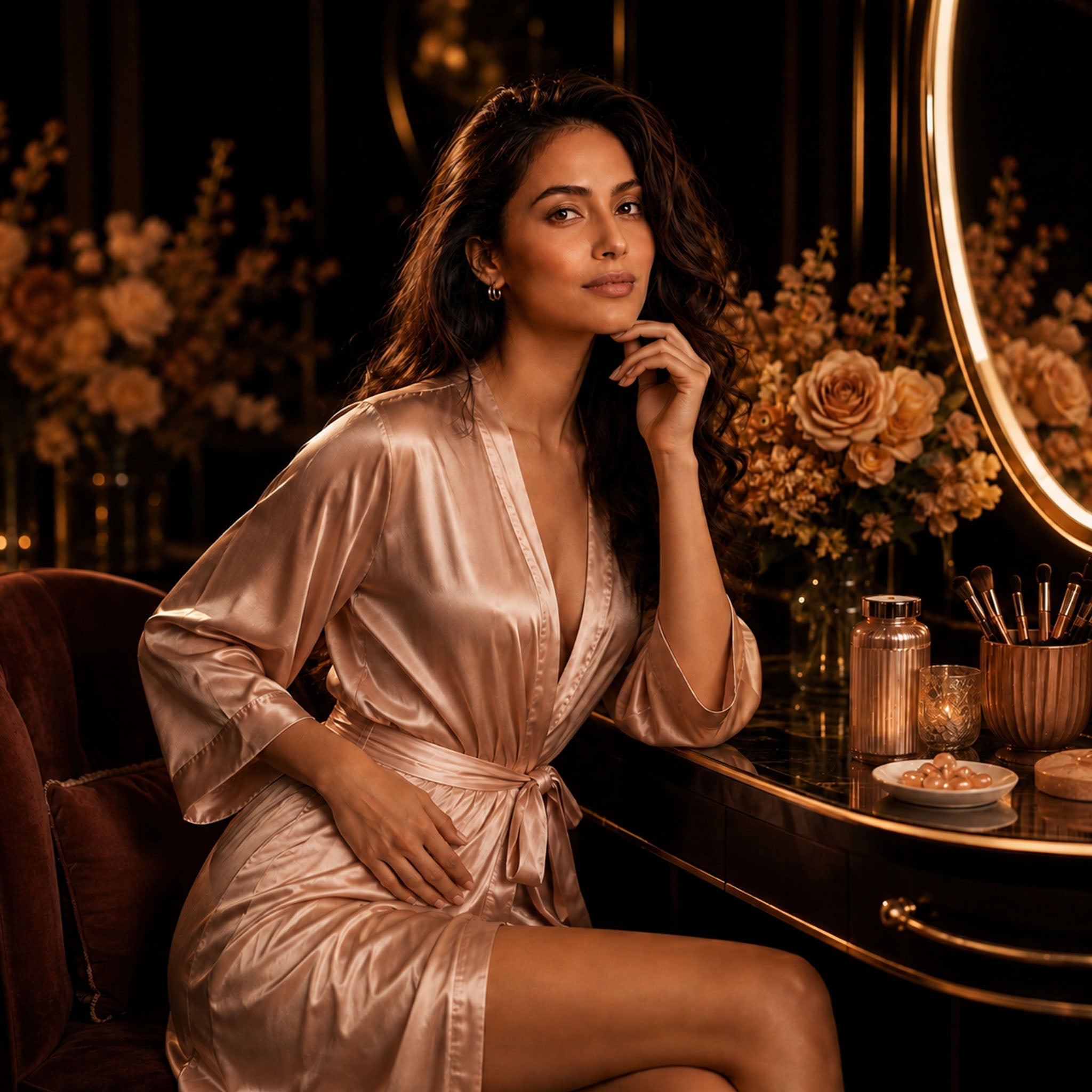 Luxury women’s health and self-care portrait featuring an elegant woman in a satin robe with wellness supplements against a sophisticated black and gold background. Luxplus 