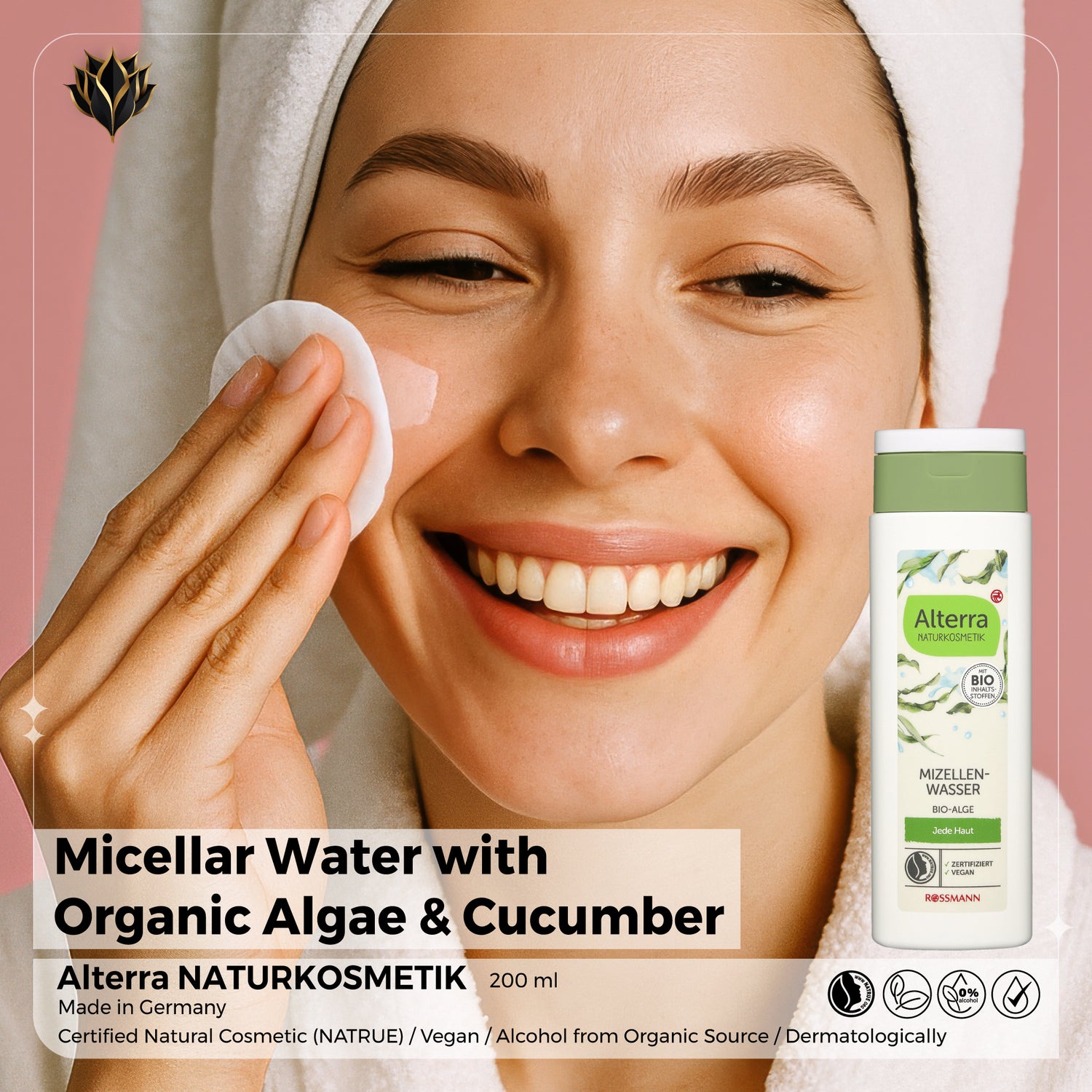 Woman applying micellar water with organic algae and cucumber, featuring Alterra Naturkosmetik product.