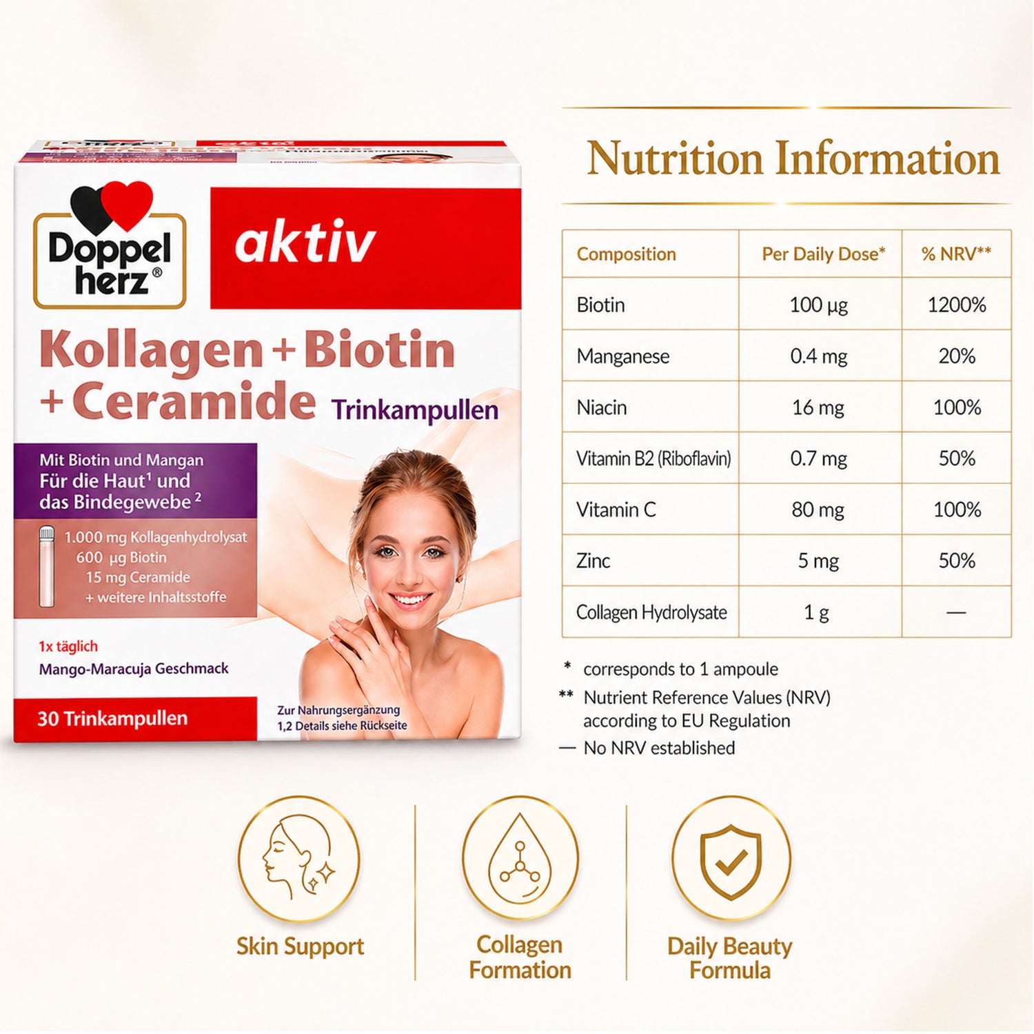 Doppelherz Collagen + Biotin + Ceramide Drink Ampoules – Skin Support Formula – 30 pcs (750 ml)