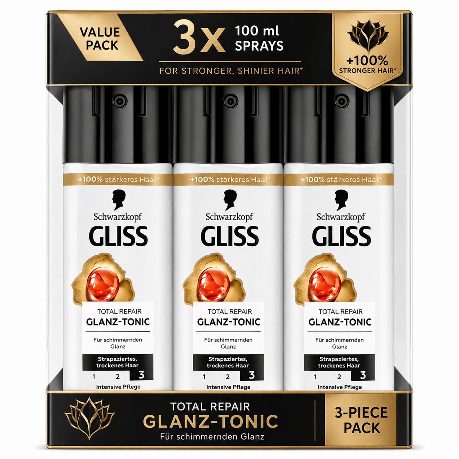 Schwarzkopf GLISS Total Repair Shine Hair Tonic – Gloss & Heat Protection – 100 ml (Pack of 3)