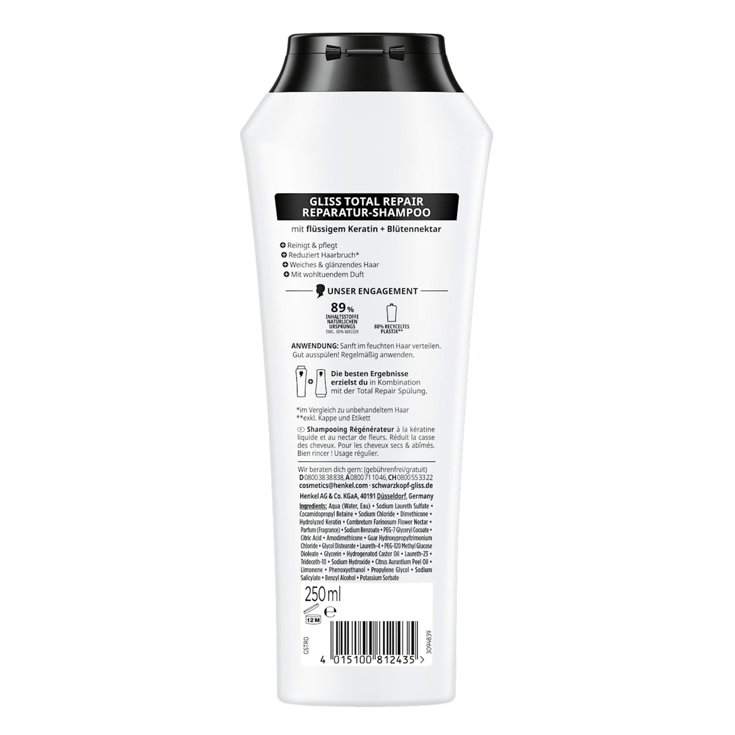 Schwarzkopf GLISS Total Repair Shampoo – Repair & Shine Care – 250 ml (Pack of 3)