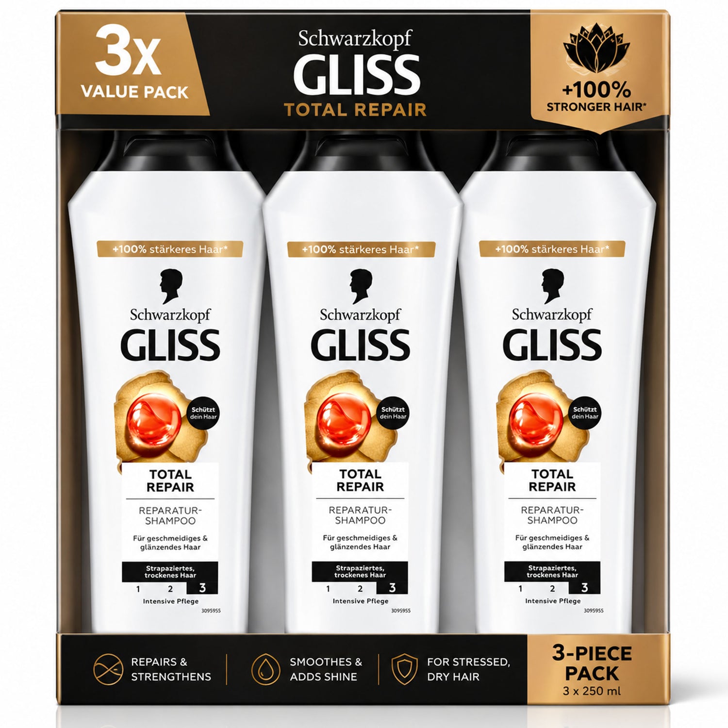 Schwarzkopf GLISS Total Repair Shampoo – Repair & Shine Care – 250 ml (Pack of 3)