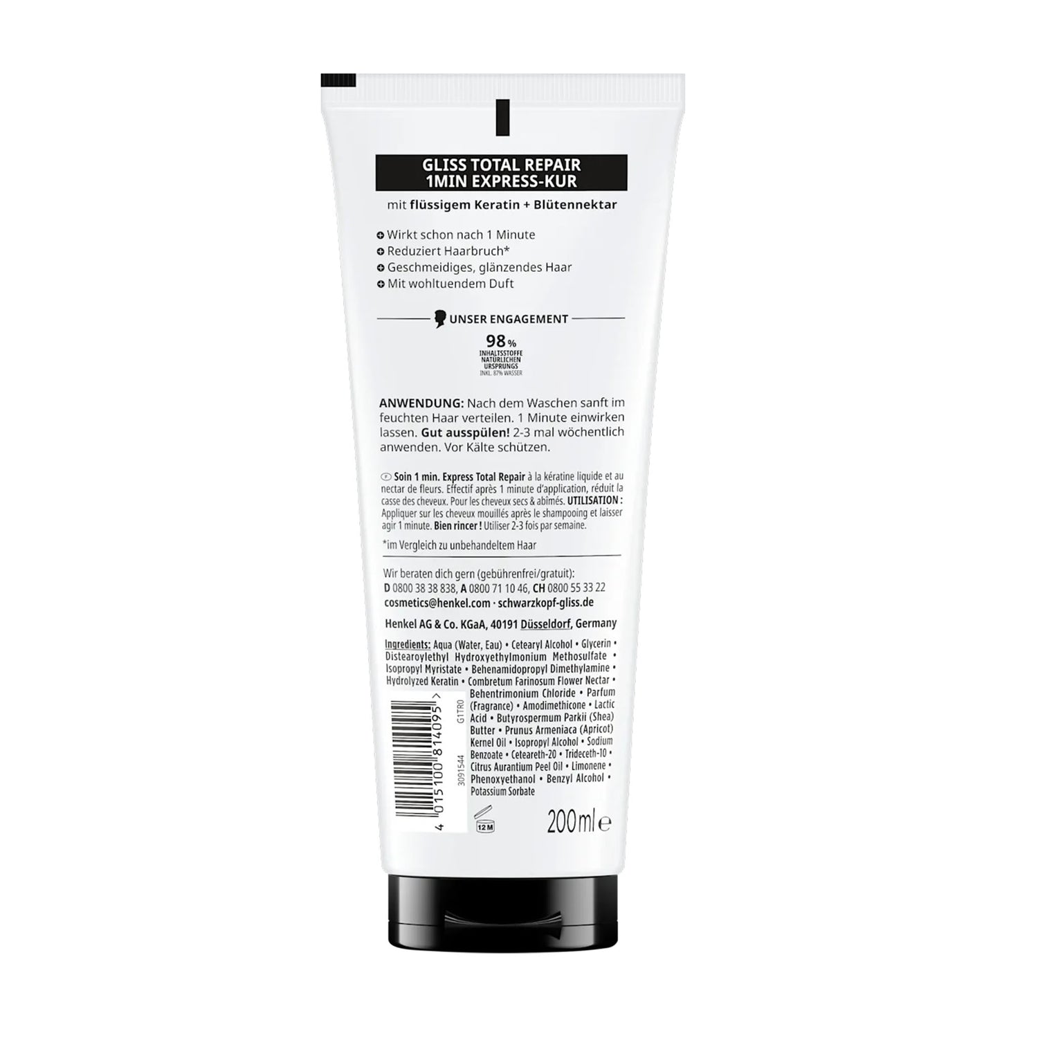 Schwarzkopf GLISS Total Repair 1 Min Express Hair Mask – Keratin Hair Care – 200 ml