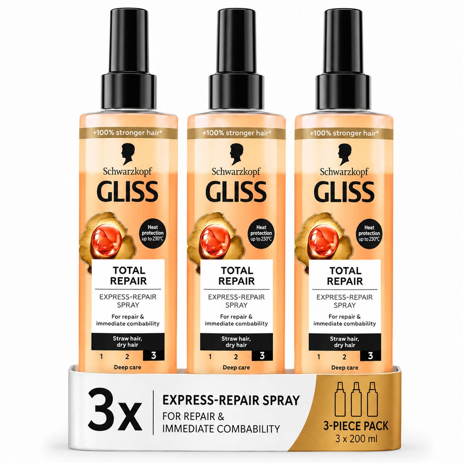 Schwarzkopf GLISS Total Repair Express Spray Conditioner – Heat Protection Care – 200 ml (Pack of 3)