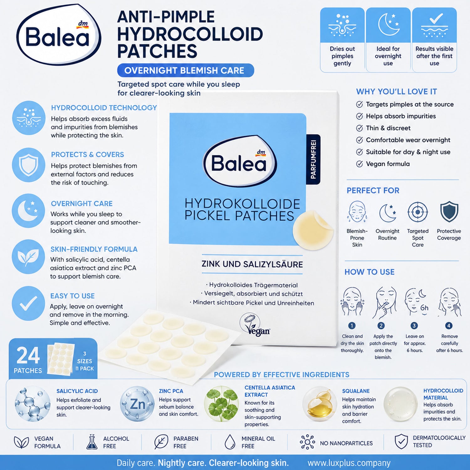 Balea Anti-Pimple Hydrocolloid Patches – Overnight Blemish Care – 24 pcs