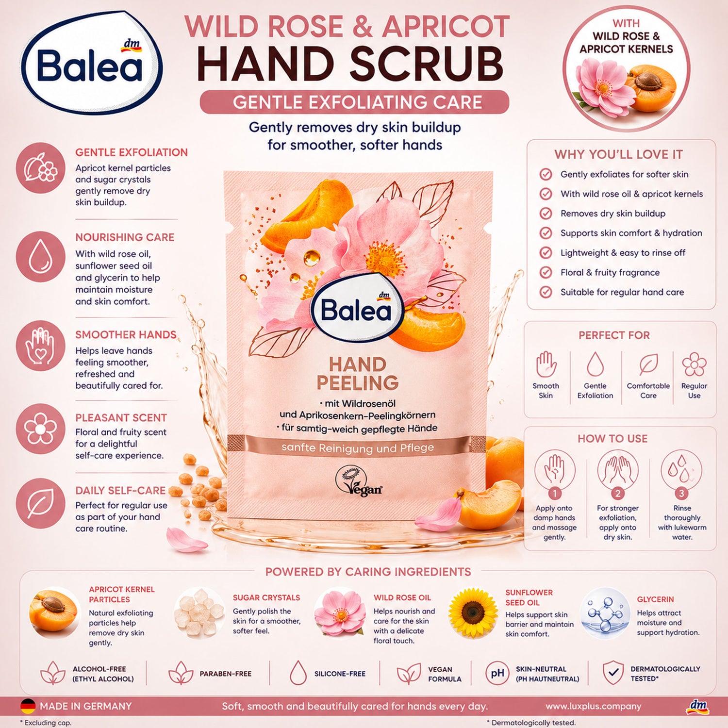 Balea Wild Rose & Apricot Hand Scrub – Gentle Exfoliating Care – 15 ml