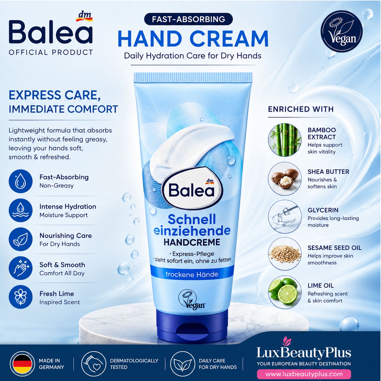 Balea Fast-Absorbing Hand Cream – Moisture Care for Dry Hands – 100 ml