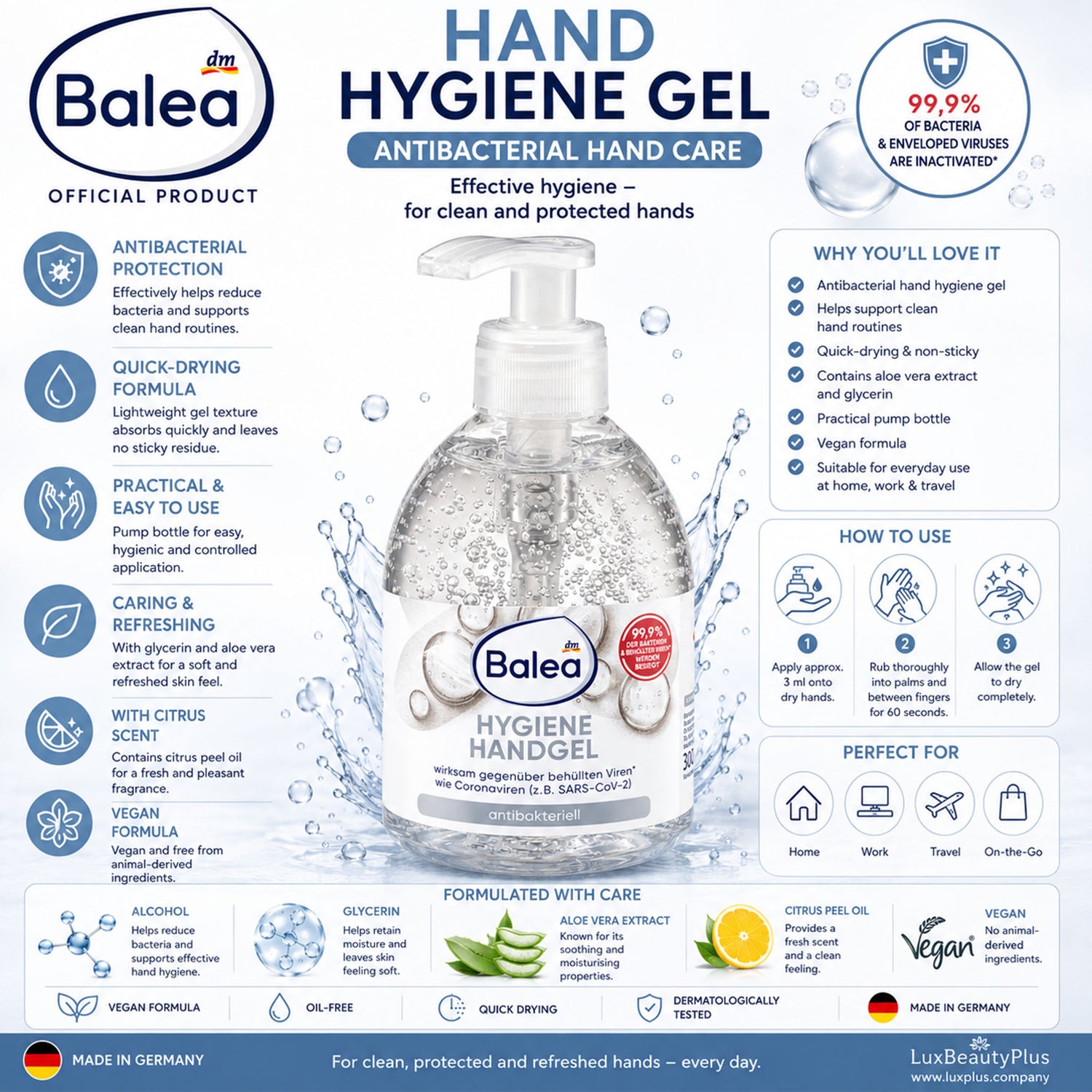 Balea Hand Hygiene Gel – Antibacterial Hand Care – 300 ml