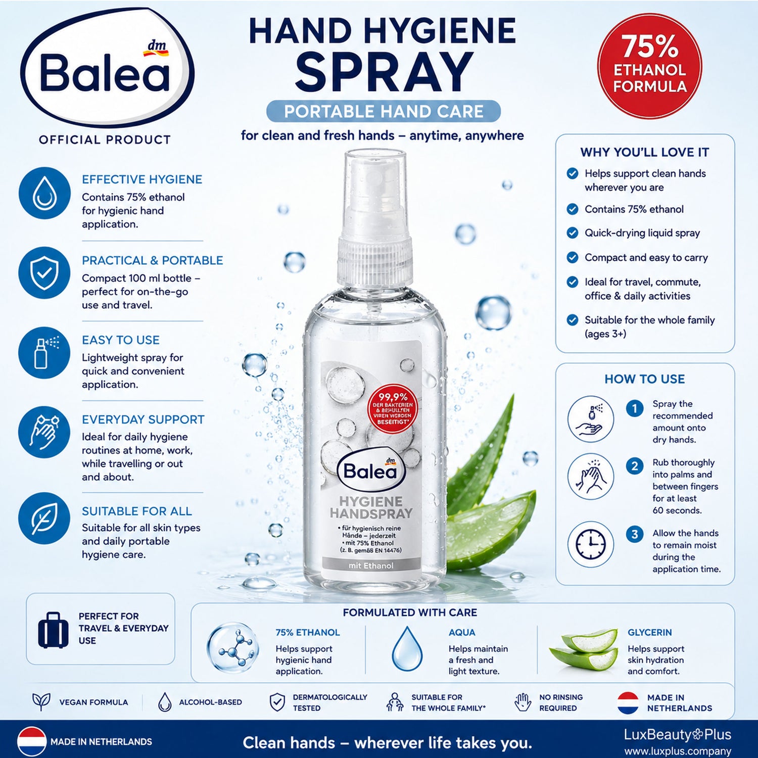 Balea Hand Hygiene Spray – Portable Hand Care Spray – 100 ml