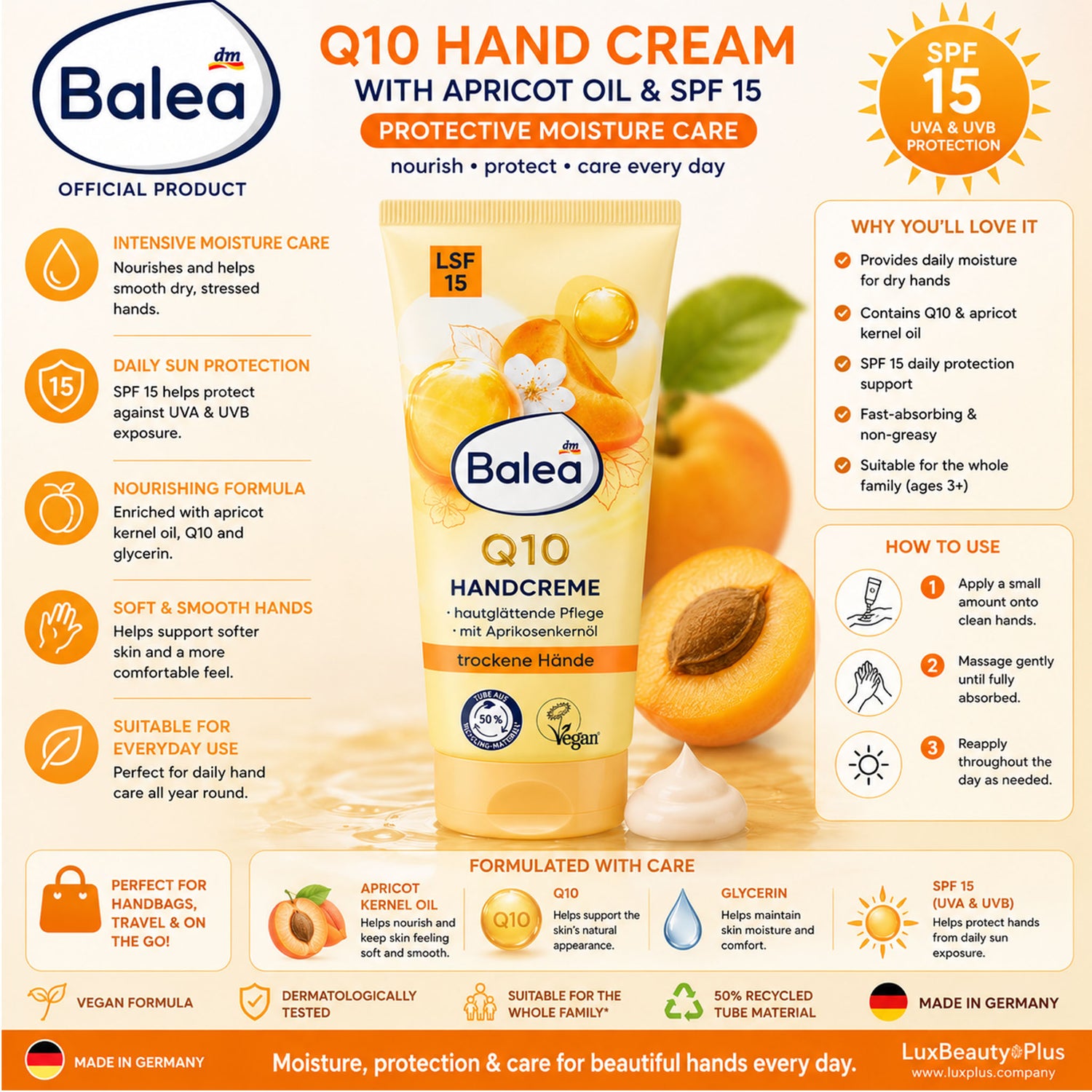 Balea Q10 Hand Cream with Apricot Oil & SPF 15 – Protective Moisture Care – 100 ml
