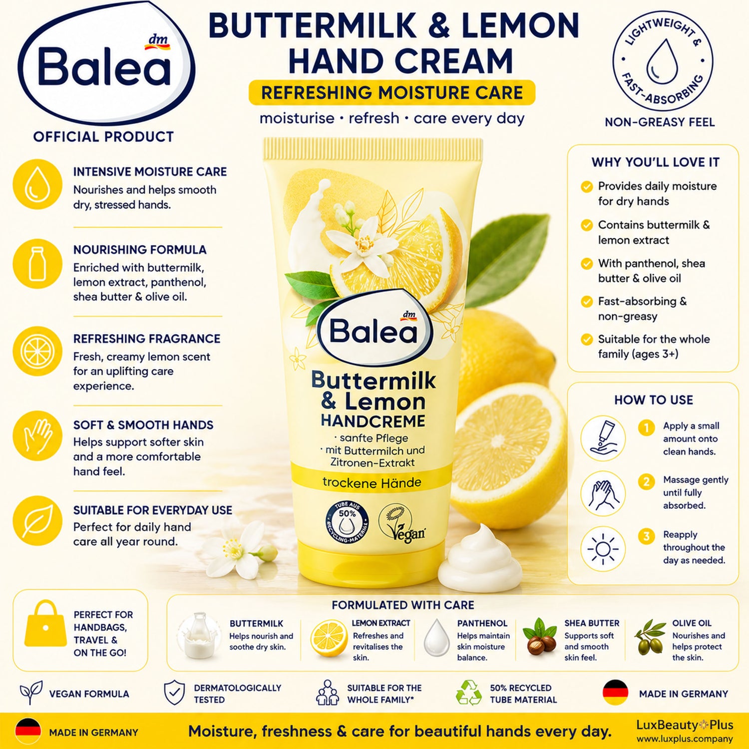 Balea Buttermilk & Lemon Hand Cream – Refreshing Moisture Care – 100 ml