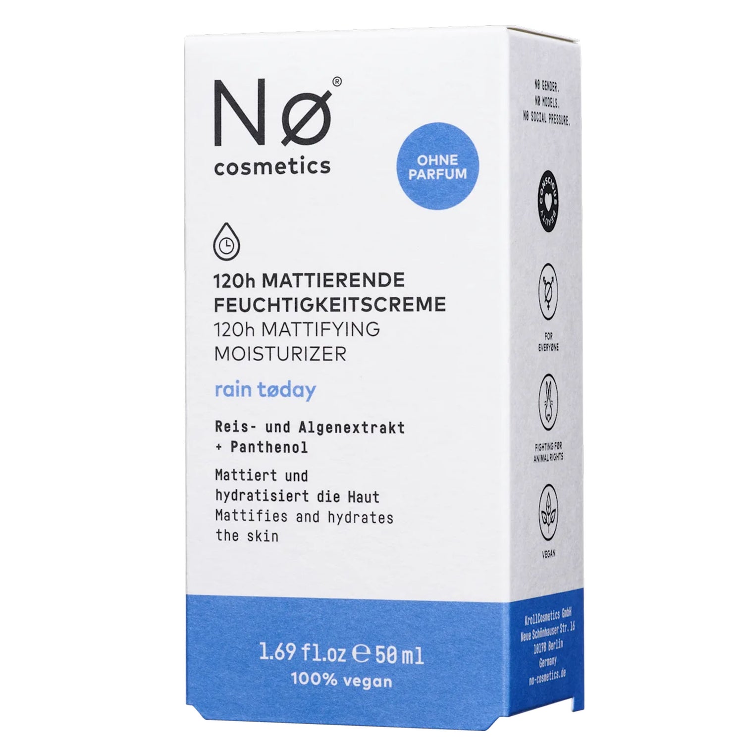 NØ Cosmetics Rain Today 120h Mattifying Moisturizing Cream – Sensitive Skin Hydration – 50 ml