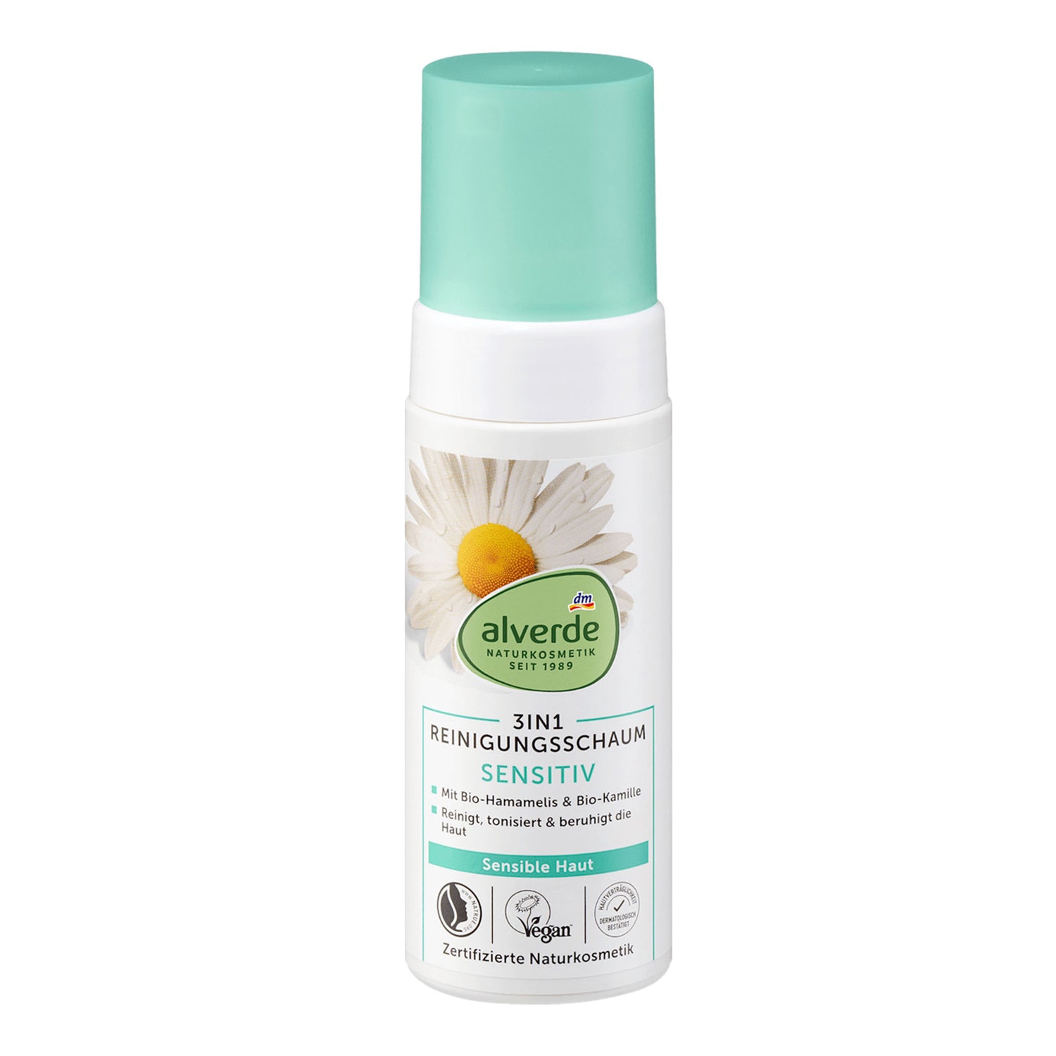 alverde NATURKOSMETIK 3-in-1 Sensitive Cleansing Foam – Chamomile & Witch Hazel – 150 ml