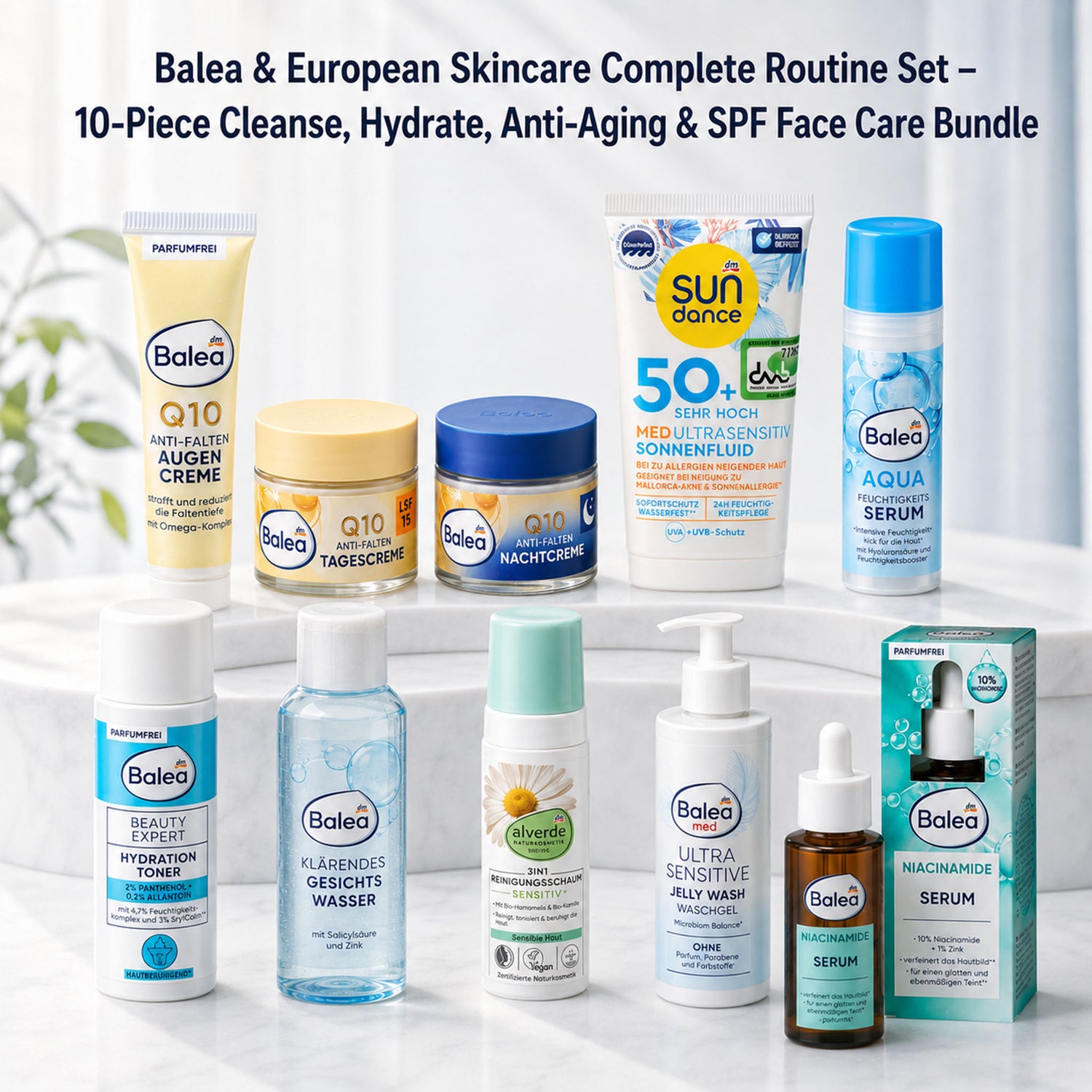 Balea & European Skincare Complete Routine Set – 10-Piece Cleanse, Hydrate, Anti-Aging & SPF Face Care Bundle