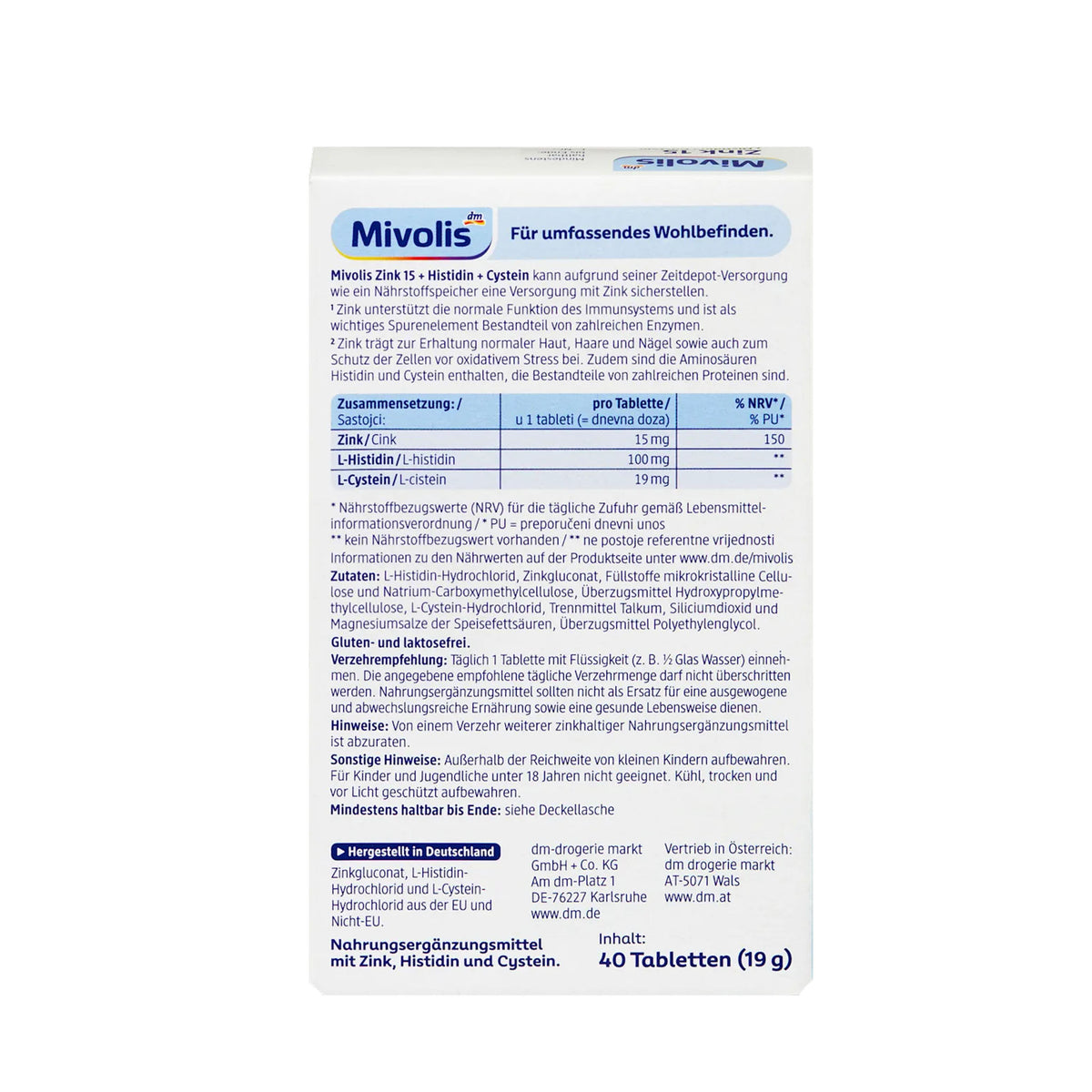 Mivolis Zinc 15 + Histidine & Cysteine Time-Release Tablets – 40 Tablets