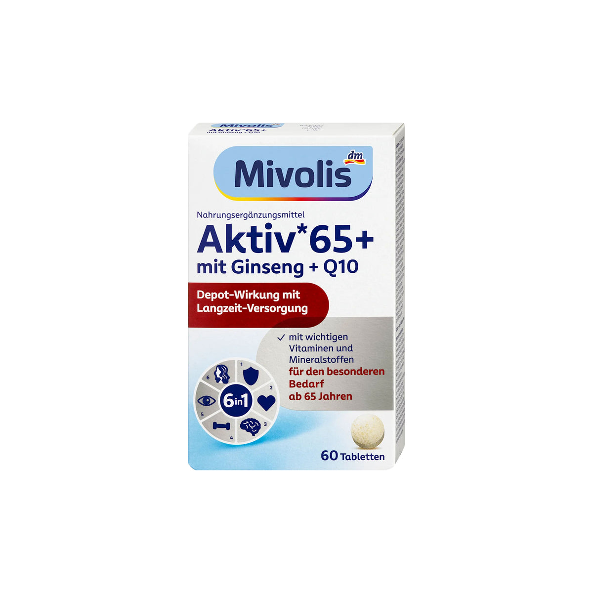 Mivolis Aktiv 65+ Ginseng + Q10 Depot Multivitamin Tablets, 60 Tablets, 51 g