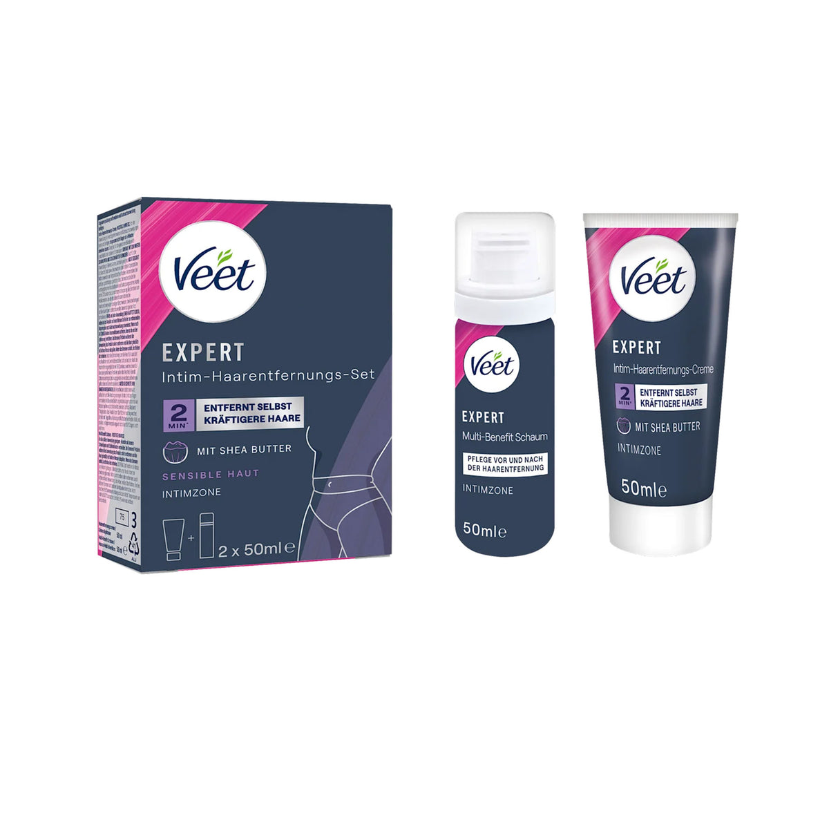 Veet Expert Intimate Hair Removal Cream & Multi-Benefit Foam Set, 2 × 50 ml