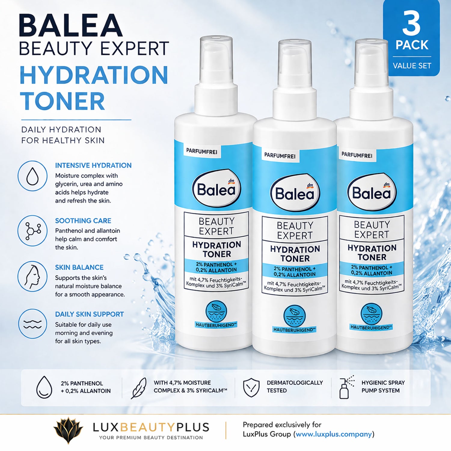 Balea Beauty Expert Hydration Toner – Moisturizing Face Toner – 300 ml (Pack of 3)