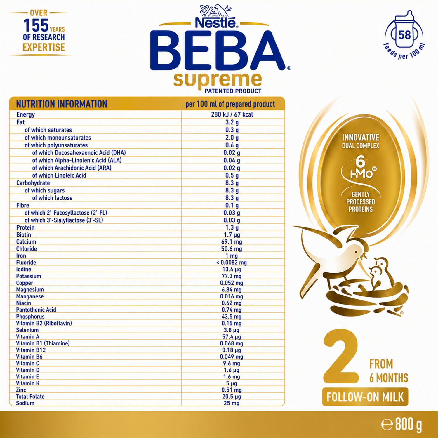 Nestlé BEBA Supreme 2 Follow-On Formula Bundle – 6 HMO Complex Nutrition – 3 × 800 g