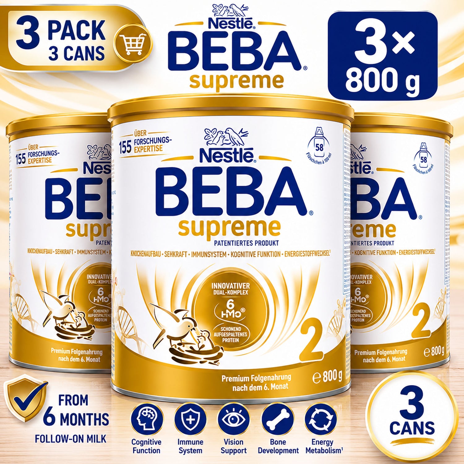 Nestlé BEBA Supreme 2 Follow-On Formula Bundle – 6 HMO Complex Nutrition – 3 × 800 g