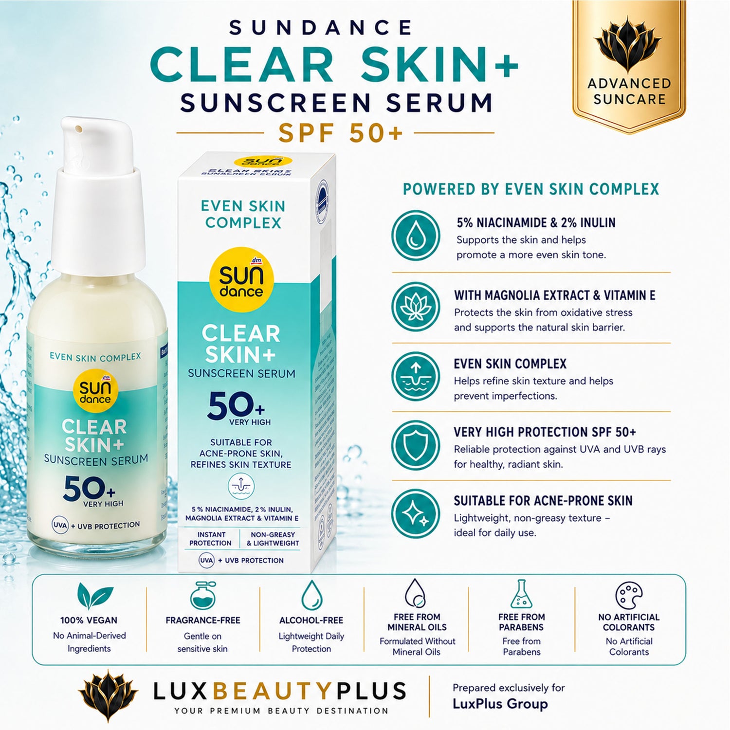 SUNDANCE Clear Skin+ Sun Protection Serum SPF 50+ – Face Sunscreen Serum – 50 ml