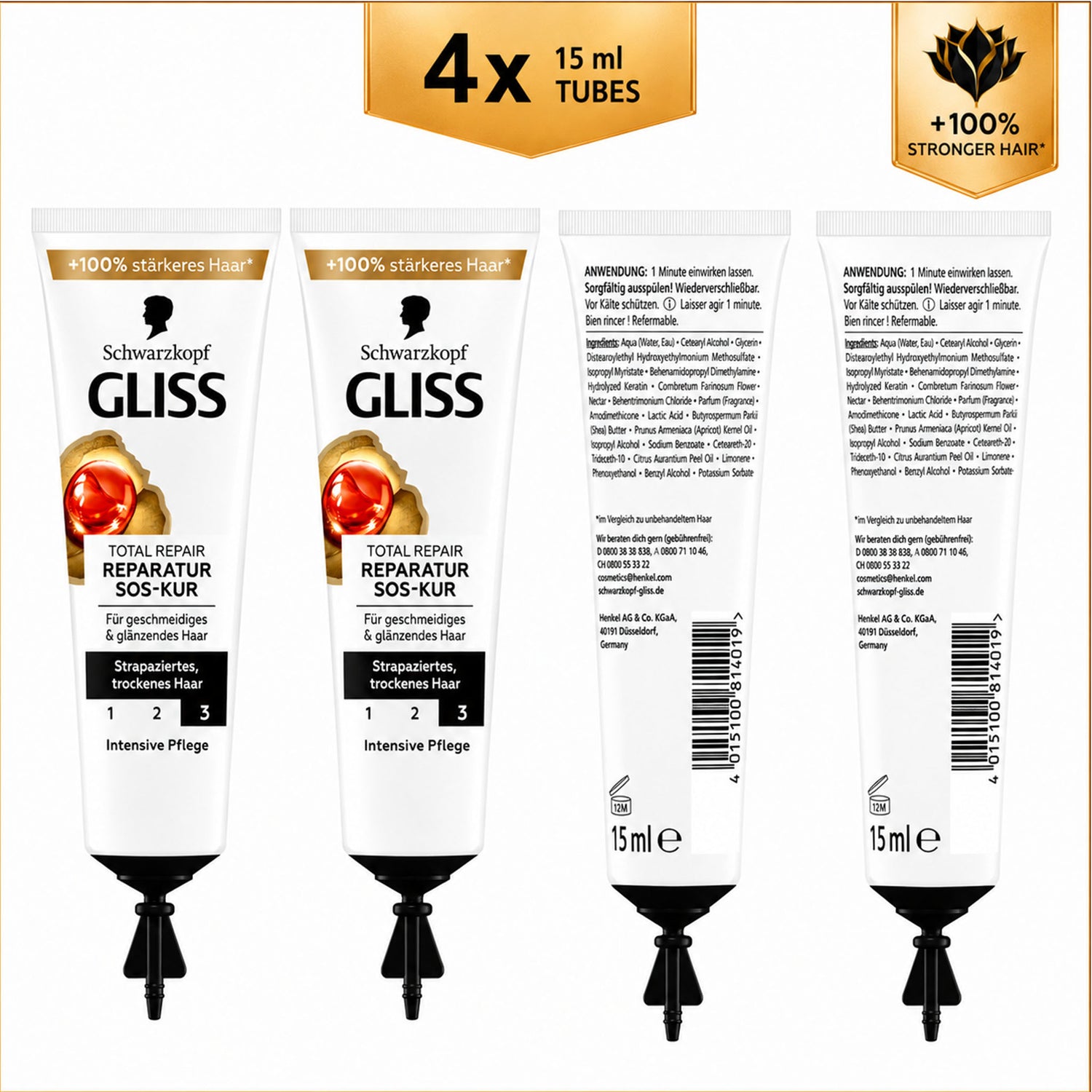 Schwarzkopf GLISS SOS Total Repair Hair Mask – Intensive Hair Care – 15 ml (Pack of 4)