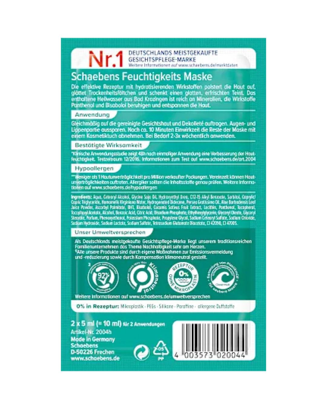 Moisturizing Face Mask Instant Effect – Schaebens, 2x5 ml (10 ml)