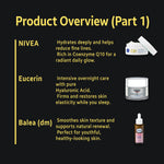 Skincare bundle overview including NIVEA Q10 cream, Eucerin hyaluronic night cream, and Balea serum