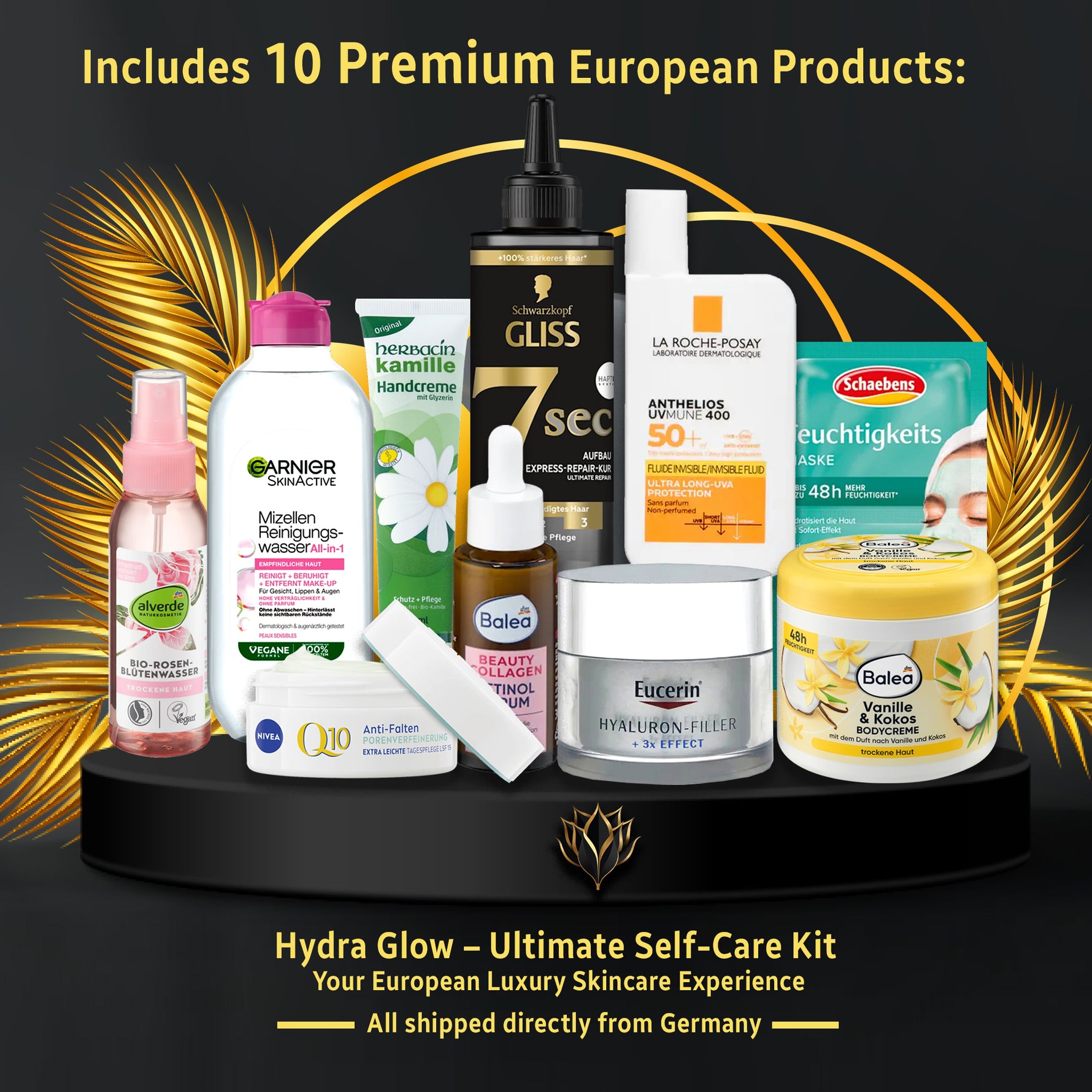 The European Glow Ritual: 10-Piece Premium Self-Care Kit featuring Eucerin, Nivea, Garnier, and La Roche-Posay products on a luxury display.